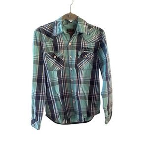 Pepe Jeans London Mens Plaid Long Sleeve Western Shirt Teal Blue Size Small